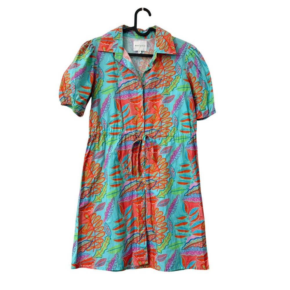 Marigold Colorful Floral Drawstring Waist Puff Sleeve Shirt Dress Womens XSmall